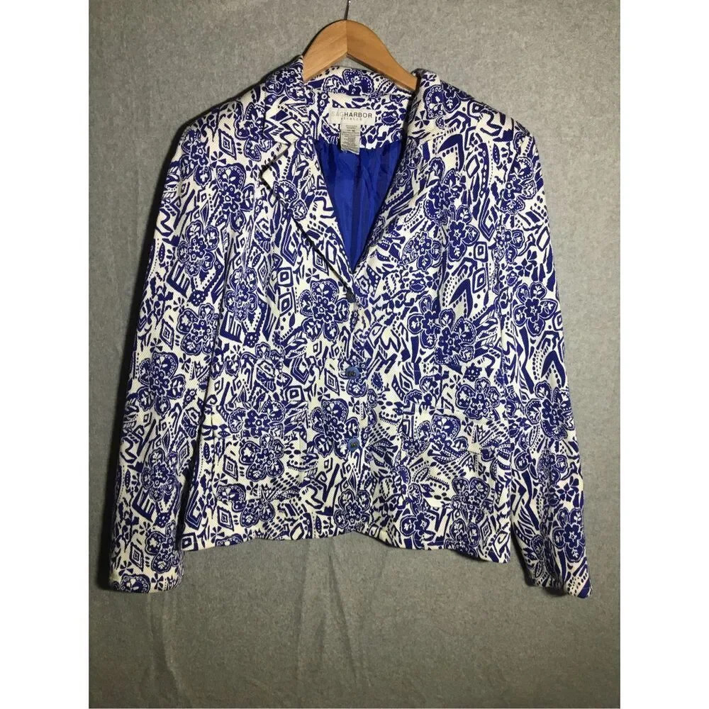 Womens Sag Harbor Blazer Blue White Floral Elegant Formal Business Work Career